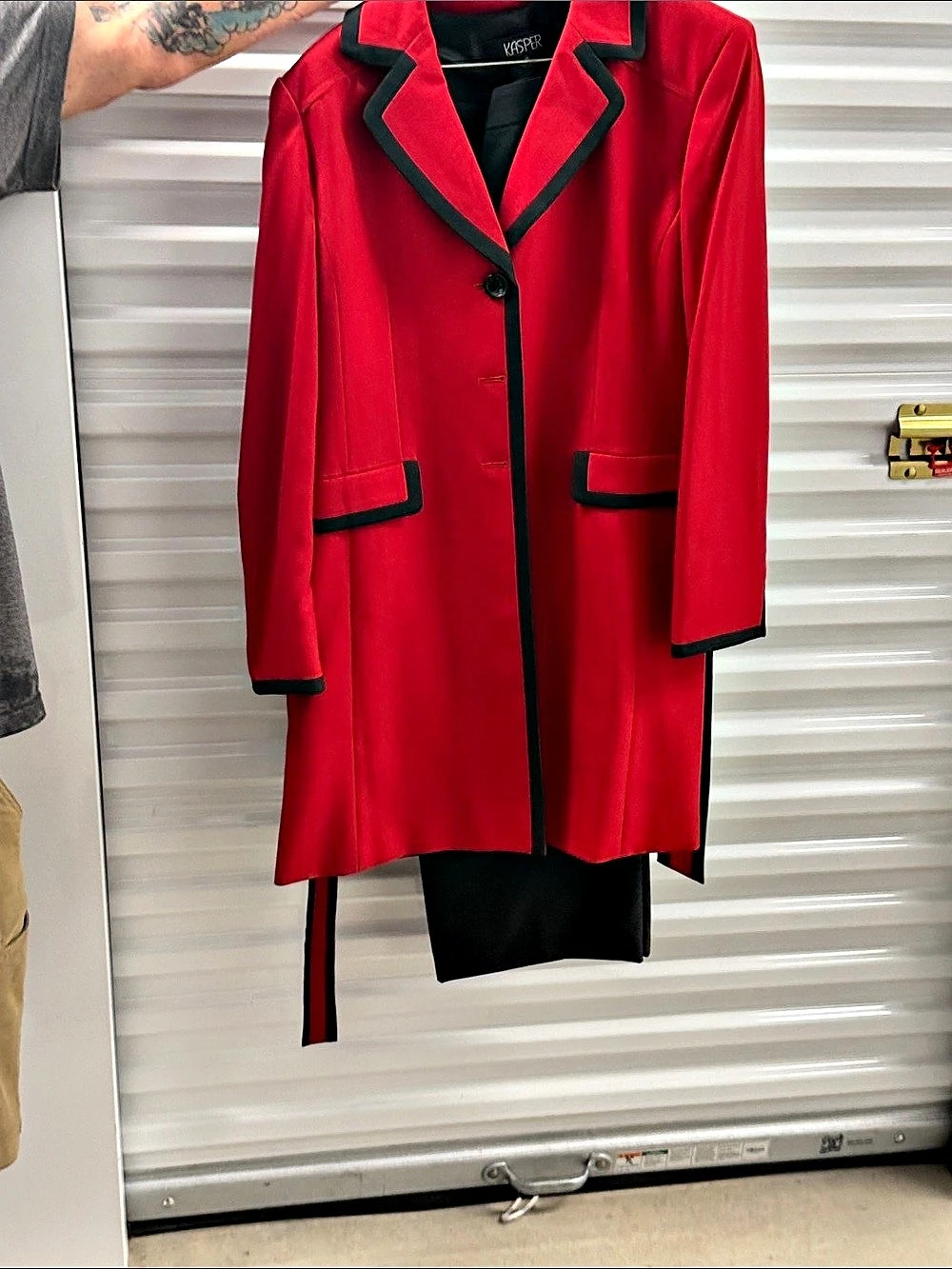 Kasper Red & Black Belted Coat suit with slacks Size 16 Like New